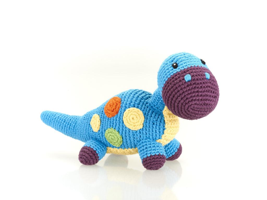 Fair Trade Cotton Crochet Baby Dinosaur Toy, Blue Dippi Rattle