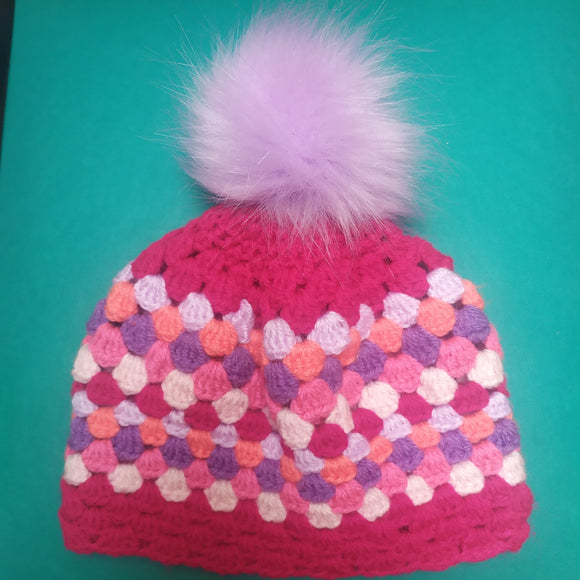 Hot pink check & purple pompom, up to 18mths