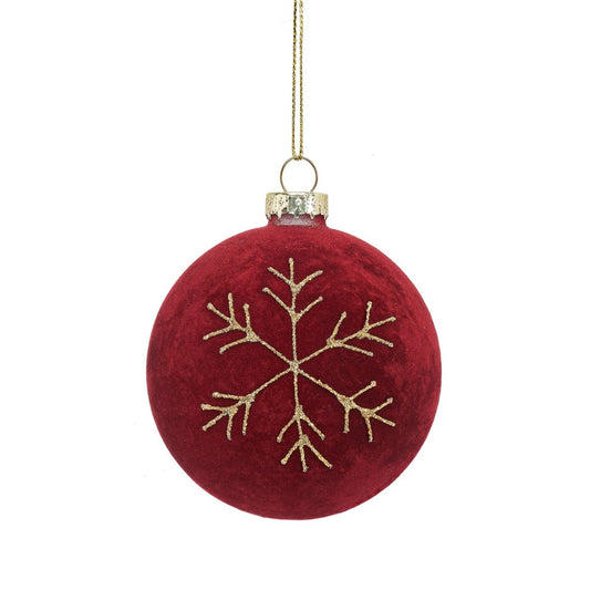 Red Flocked Bauble with Snowflake