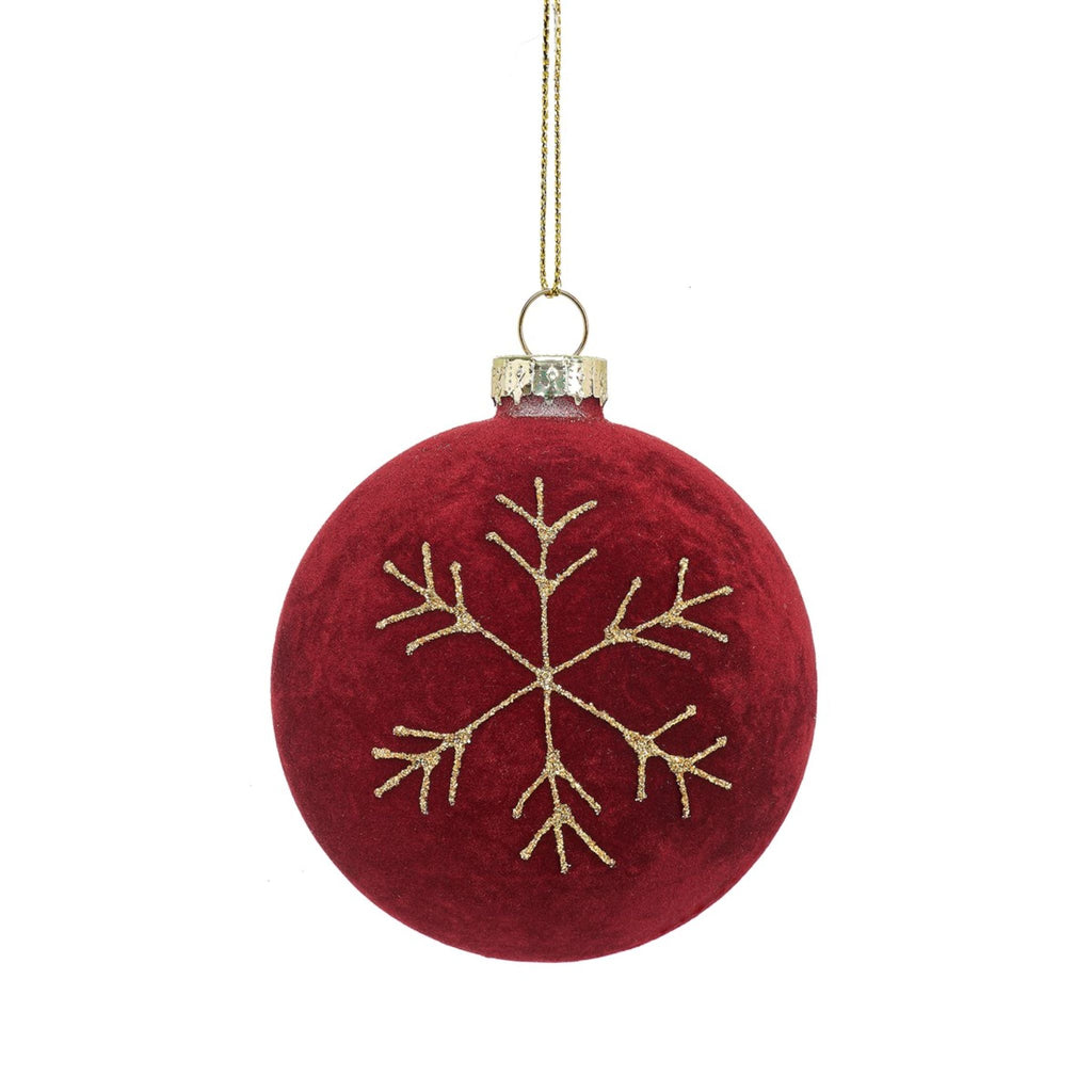 Red Flocked Bauble with Snowflake